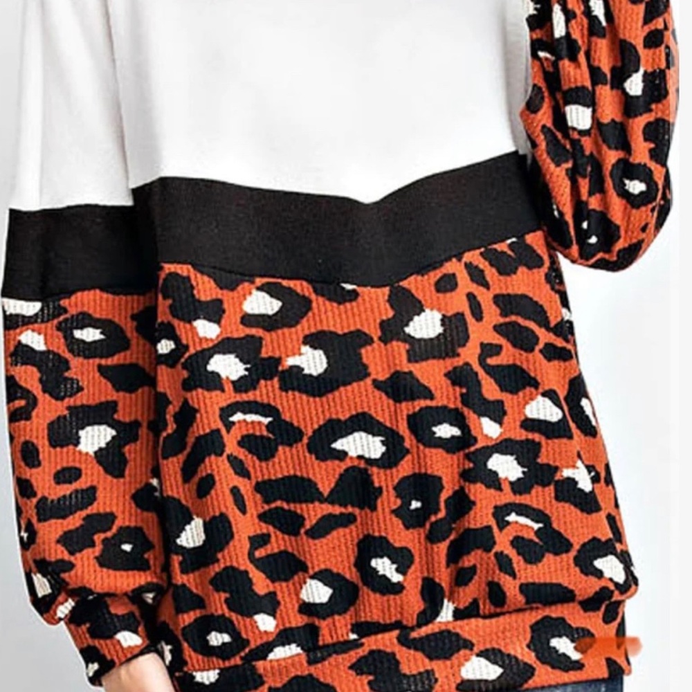 Rust Leopard And Chevron Color Block Waffle Top
